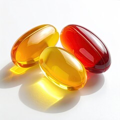 Three glossy capsules, two amber and one dark red, rest on a bright white surface, casting soft reflections