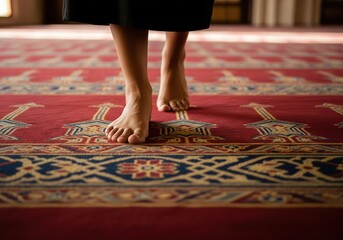 Naklejka premium Close-up of a person walking barefoot on a traditional patterned red carpet in a sacred place