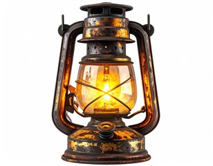 Rustic oil lantern with a warm, glowing light, showing wear and tear, isolated on white