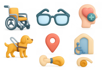 Accessible 3d icons featuring wheelchair, guide dog, hearing aid, and more