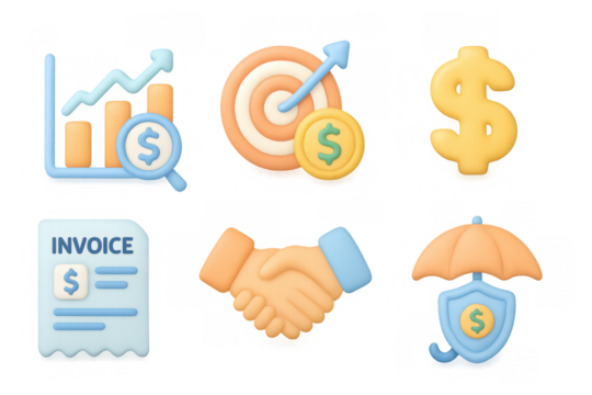3d business icons: graph, target, dollar, invoice, handshake, umbrella