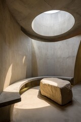 A contemplative space, defined by curved concrete walls, showcasing a large stone slab within a tranquil, well-lit interior.