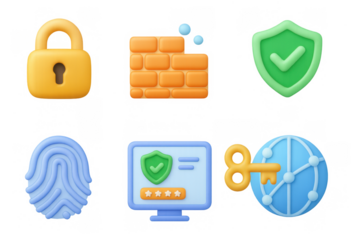 3d cybersecurity icons featuring lock, shield, fingerprint, and network elements
