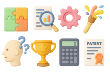 Creative 3d business icons set: innovation, strategy, and analysis