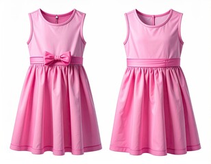 Two views of a sleeveless, pink, A-line girl's dress with a bow at the waist