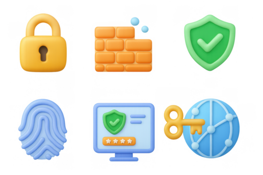 3d cybersecurity icons featuring lock, shield, fingerprint, and network elements