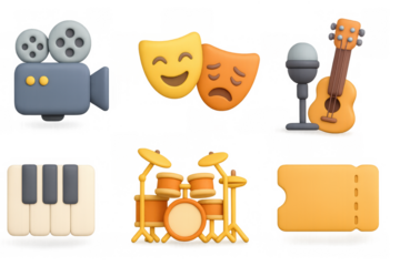 3d entertainment icons: music, film, theater in modern design