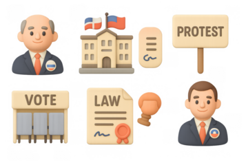 3d political election elements with icons of voting, protest, and government