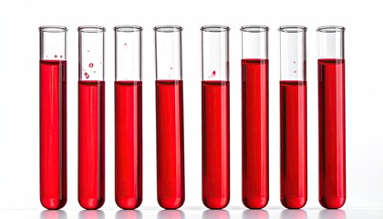 Eight clear test tubes, varying levels of vibrant red liquid, some with bubbles, against a white background
