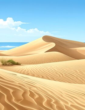 Desert landscape with dunes, ocean, and clouds