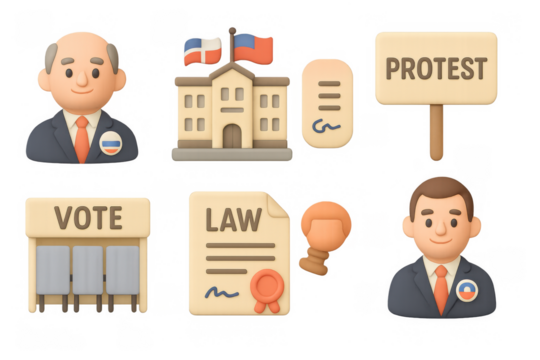 3d political election elements with icons of voting, protest, and government