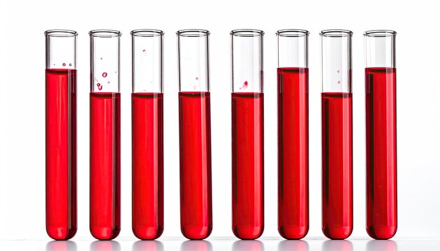 Eight clear test tubes, varying levels of vibrant red liquid, some with bubbles, against a white background - Powered by Adobe