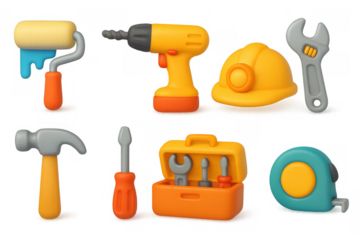 Colorful 3d cartoon construction and repair tools set