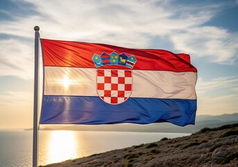 Patriotic Croatian emblem waving proudly under the warm, glowing sun setting over a picturesque coastal vista