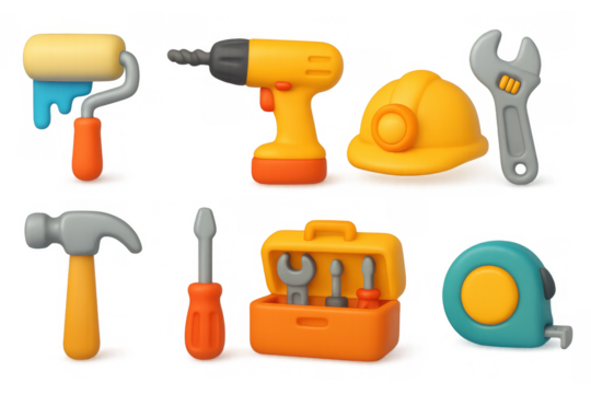 Colorful 3d cartoon construction and repair tools set