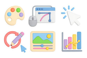 Colorful 3d icons representing digital design tools and creativity