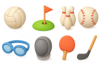 3d icon set of popular sports items including volleyball, golf, bowling, baseball