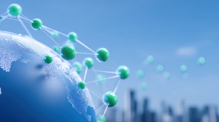 Green global network, interconnected spheres on a world map symbolizing sustainability and progress