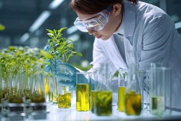 Scientist examining plants in a laboratory setting.