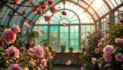 Enchanted Greenhouse with Flower Petal Scene Dawn