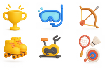 Colorful 3d icons of sports equipment and activities in playful style