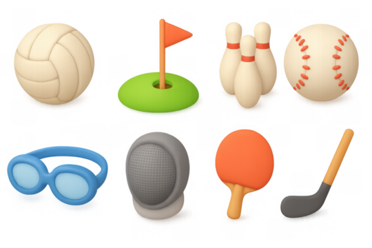 3d icon set of popular sports items including volleyball, golf, bowling, baseball
