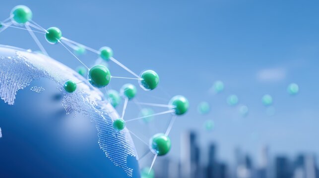 Green global network, interconnected spheres on a world map symbolizing sustainability and progress - Powered by Adobe
