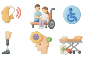 3d disability support icons: accessibility, care, hearing aid, prosthetic, wheelchair