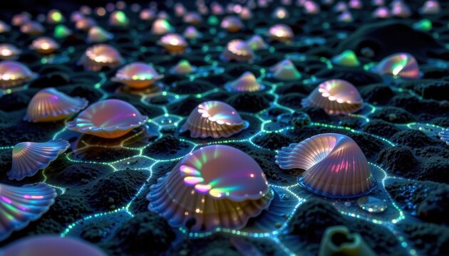 Iridescent Shells and Bioluminescent Tide Pools Night