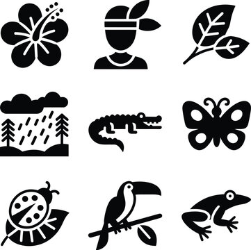 Tropical nature icons set vector illustration with hibiscus flower and rainforest animals design 100