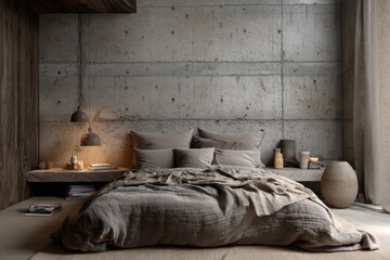 A serene and minimalist bedroom, featuring a neutral color palette, a textured concrete wall, and warm lighting, creating a peaceful and inviting ambiance.
