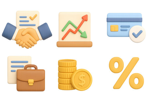 3d business icons set: growth, finance, and agreement symbols for digital use
