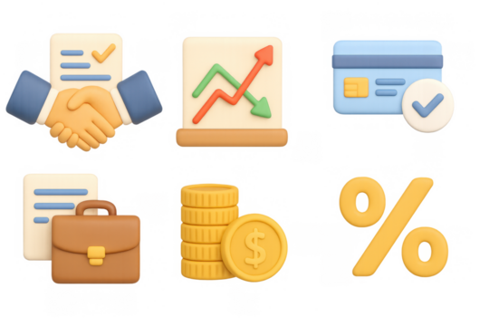 3d business icons set: growth, finance, and agreement symbols for digital use