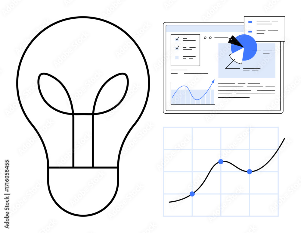 Poster light bulb symbolizing ideas alongside dashboard displaying reports, charts, growth curve, analytics