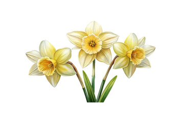 Watercolor painting showcasing three elegant yellow daffodil flowers with vibrant green leaves