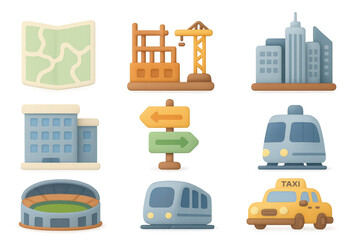 Obraz premium 3d cartoon city icons: transportation, buildings, map, taxi, train, stadium