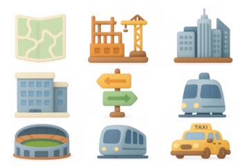 3d cartoon city icons: transportation, buildings, map, taxi, train, stadium