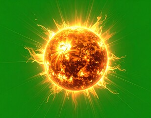 Fiery sun on green backdrop