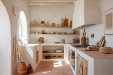 A sun-drenched, minimalist kitchen boasts warm beige and terracotta hues, showcasing open shelving with rustic wooden accents and pottery.