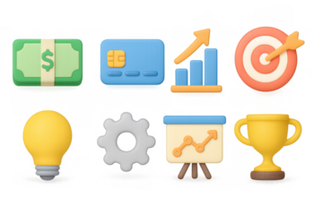 Colorful 3d icons for finance and business success with charts and symbols