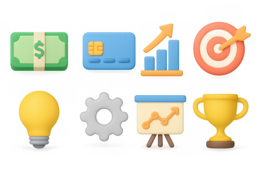 Colorful 3d icons for finance and business success with charts and symbols