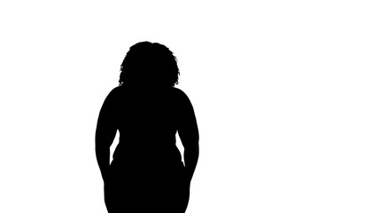 Confident woman with curly hair stands with hands in pockets, projecting self-assurance and modern style in a clean, minimalist silhouette that is perfect for diverse commercial applications.