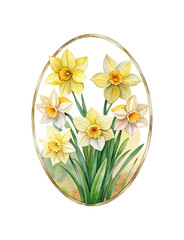 Elegant Watercolor Daffodils in an Oval Frame, Spring Blossom Art