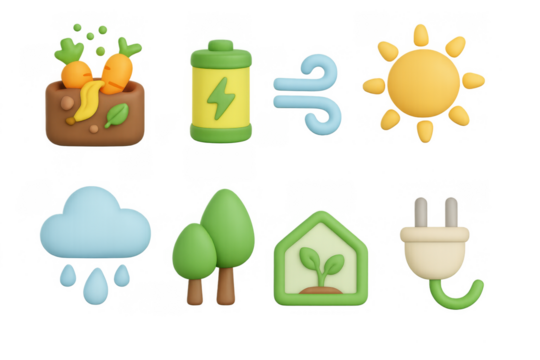 Eco-friendly icons in playful 3d style: renewable energy and nature elements