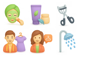 Daily self-care routine icons in 3d style: skincare, fashion, and relaxation essentials