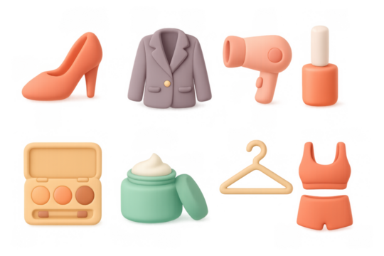 Pastel 3d icons of fashion and beauty essentials: clothing and cosmetics set