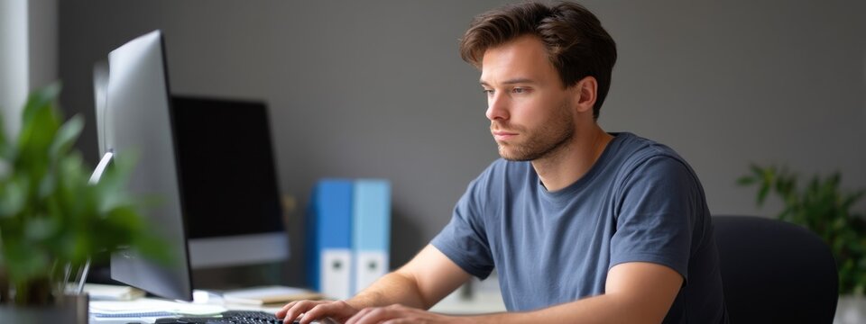 Young Man Working at Desk with Computer in Modern Office Environment
