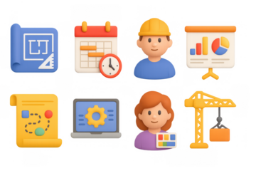 Construction and project management icons in 3d style for planning and strategy