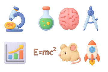 Colorful 3d education icons: microscope, brain, rocket, and more for learning themes