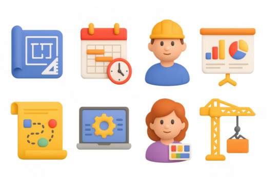 Construction and project management icons in 3d style for planning and strategy